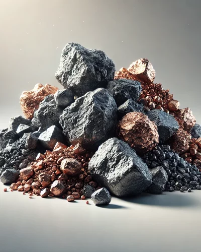 DALL·E 2024-10-01 10.30.22 - A high-quality image of raw antimony ores and copper ores displayed on a clean white surface. The ores should be in piles, showing their natural textu