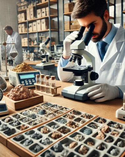 DALL·E 2024-10-01 10.35.24 - A high-quality image showing a laboratory setup for inspecting ore samples. In the foreground, there are scientists wearing lab coats and protective g